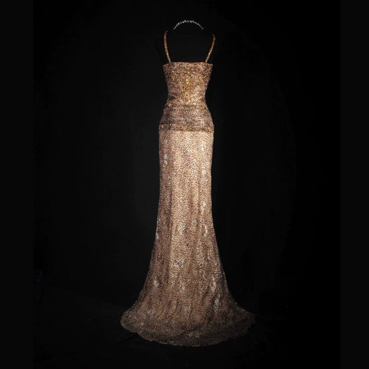 Celestial Spaghetti Strap Leopard Prom Dress Sequins Beading Sheath Evening Dress AP7157