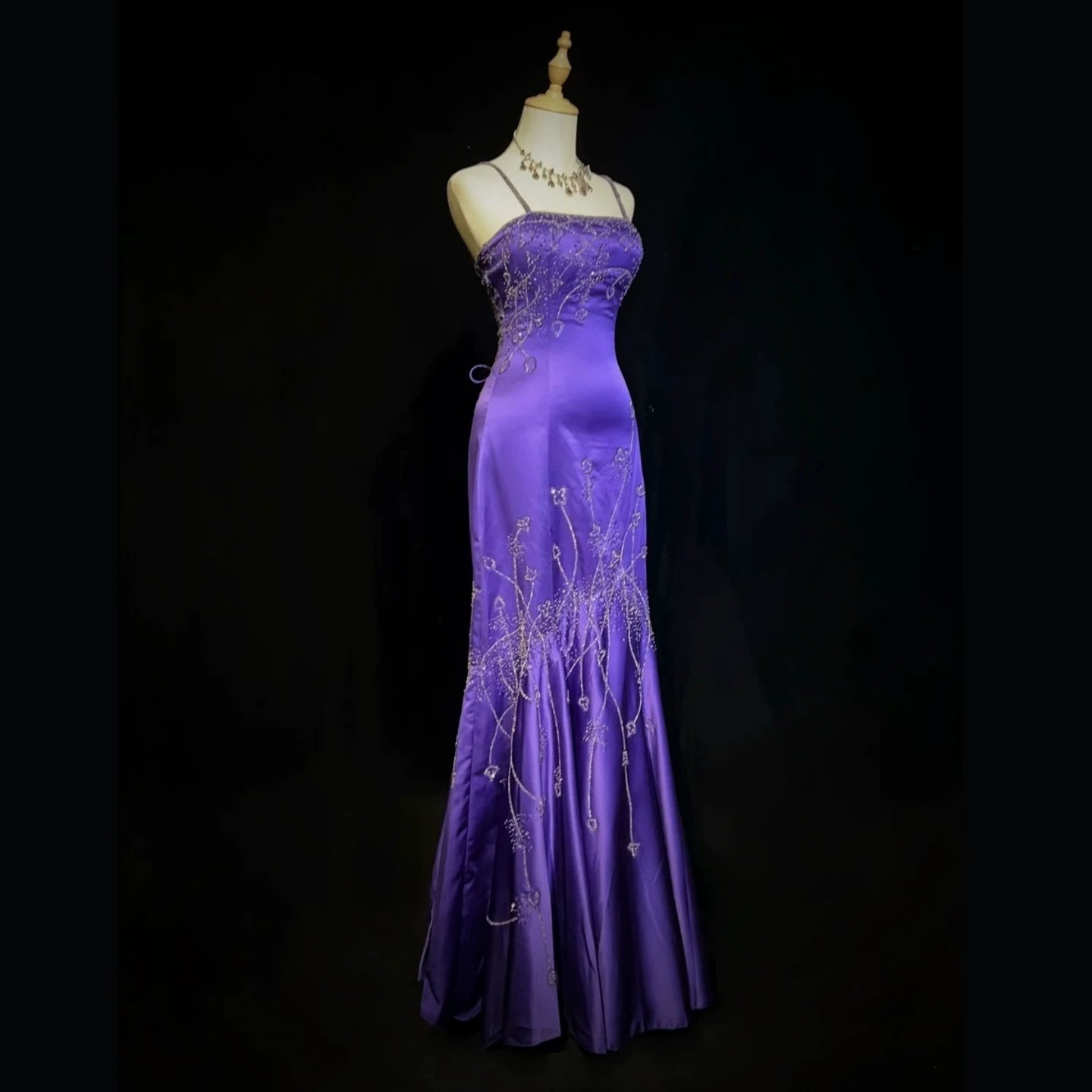 Romantic Spaghetti Strap Beaded Purple Prom Dress Sequins Mermaid Evening Dress AP7158