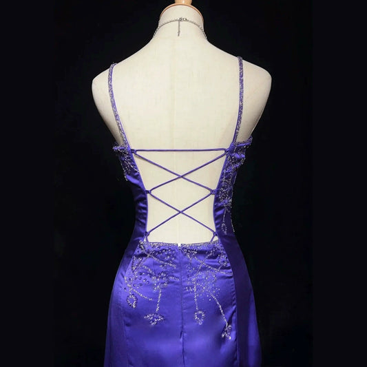 Romantic Spaghetti Strap Beaded Purple Prom Dress Sequins Mermaid Evening Dress AP7158