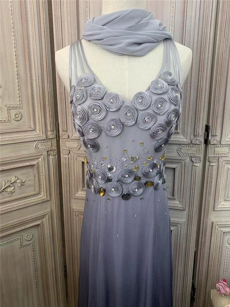Sweet Spaghetti Strap Ombre Grey Prom Dress Crystals Appliques A-Line Evening Dress AP7168