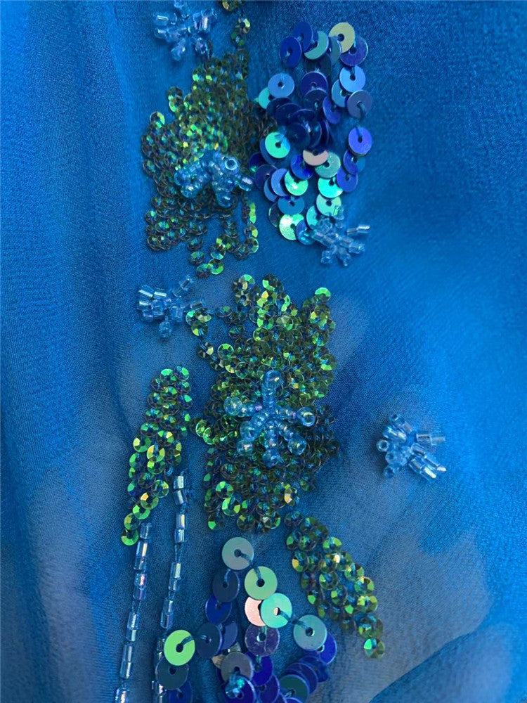 Sheen Spaghetti Strap Blue Prom Dress Beads Sequins Mermaid Party Dress AP7174