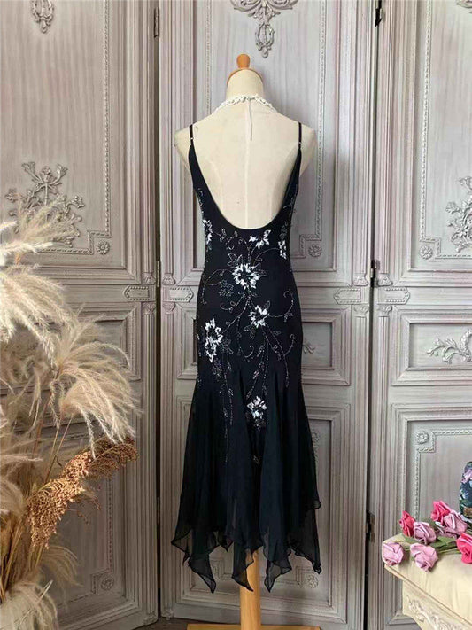 Glam Beads Appliques Mermaid Prom Dress Spaghetti Strap Black Formal Dress AP7177