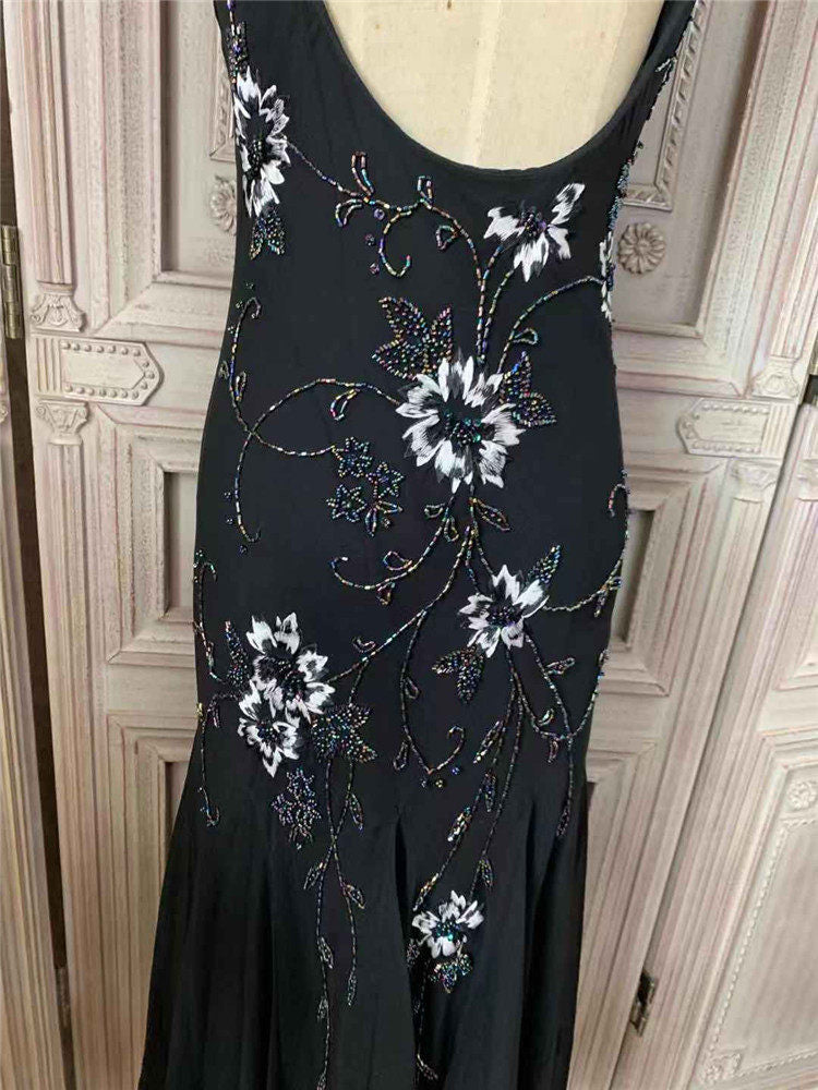 Glam Beads Appliques Mermaid Prom Dress Spaghetti Strap Black Formal Dress AP7177