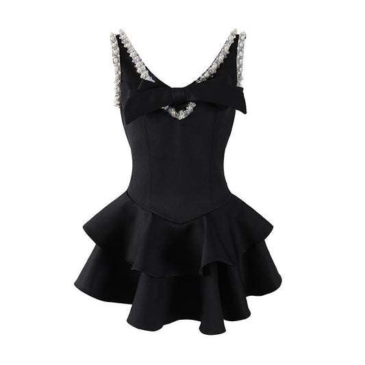 Vibrant Crystal Bow A-Line Mini Skirt Chic Satin Structured Corset Tiered Ruffle Short Dress AP7182
