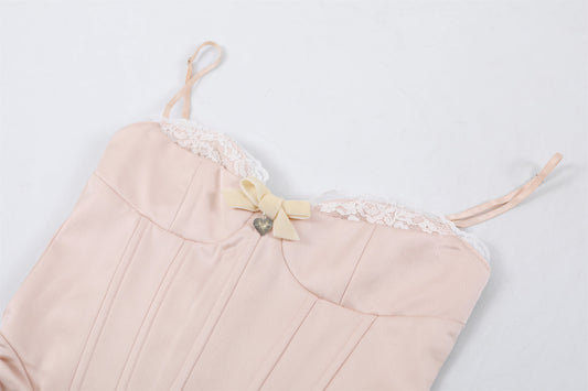 Minimalist Satin Ruched Sheath Mini Skirt Girly Pink Spaghetti Strap Corset Bow Detail Short Dress AP7185