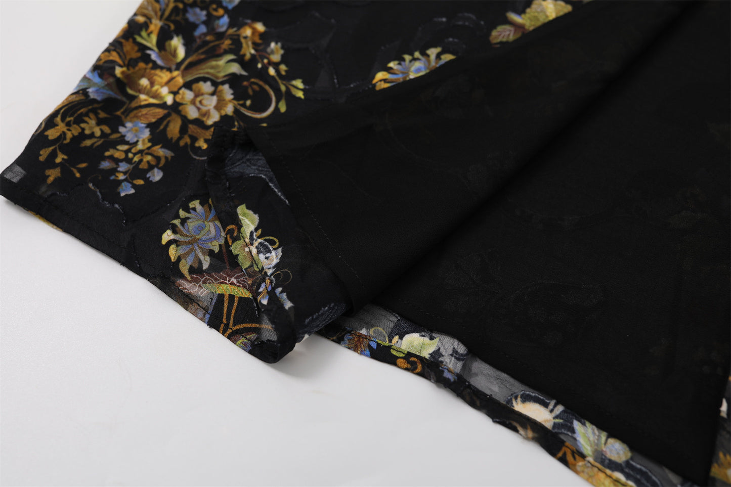 Attractive Spaghetti Straps Side Slit Long Dress Boho Black Sheer Mesh Floral Sheath Maxi Dress AP7195
