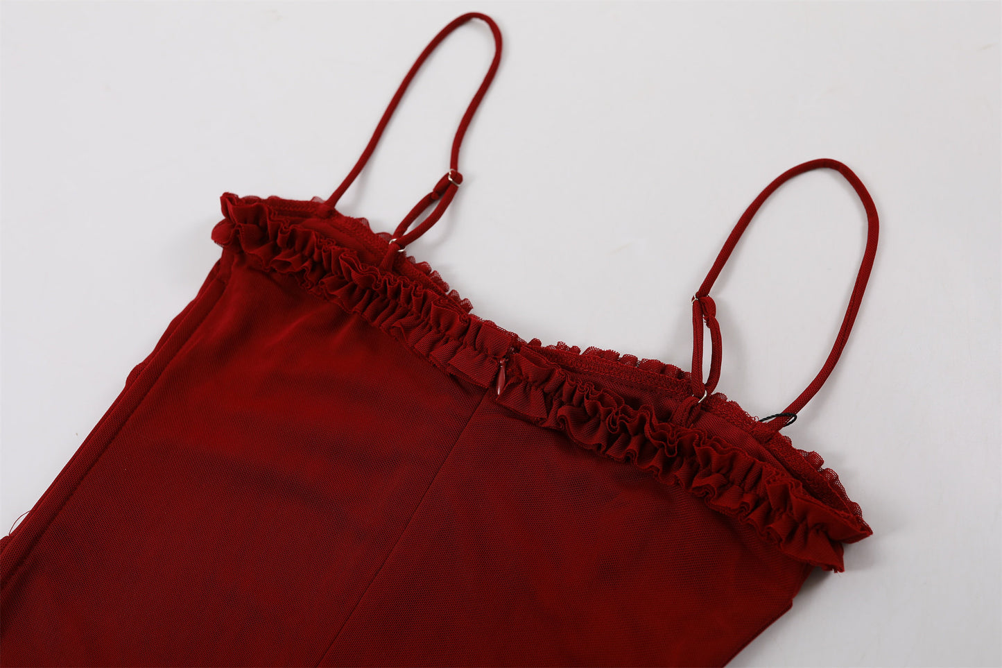Retro Ruffle Trim Asymmetrical Hem Long Dress Romantic Red Spaghetti Strap Evening Galas Sheath Maxi Dress AP7209