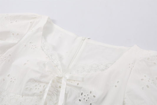 New Tendency Lace Trim Sweetheart Neckline A-Line Mini Skirt Soft Girl White Puff Sleeves Summer Brunch Short Dress AP7210