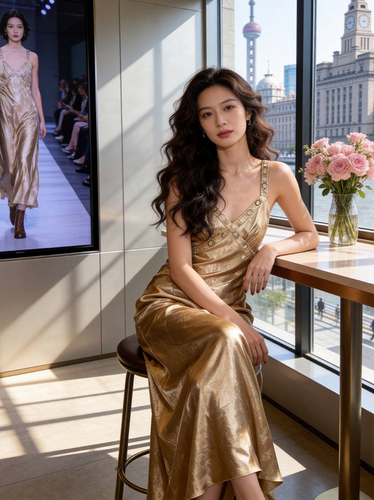 Enchanting Spaghetti Strap Champagne Prom Dress Beads A-Line Evening Dress AP7218