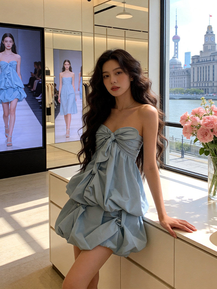 Fascinating Strapless Beads Blue Homecoming Dress Ideas Bow Tiered A-line Hoco Dress AP7223
