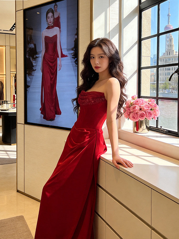 Enticing Strapless Sheath Prom Dress Red Sequins Evening Dress AP7225