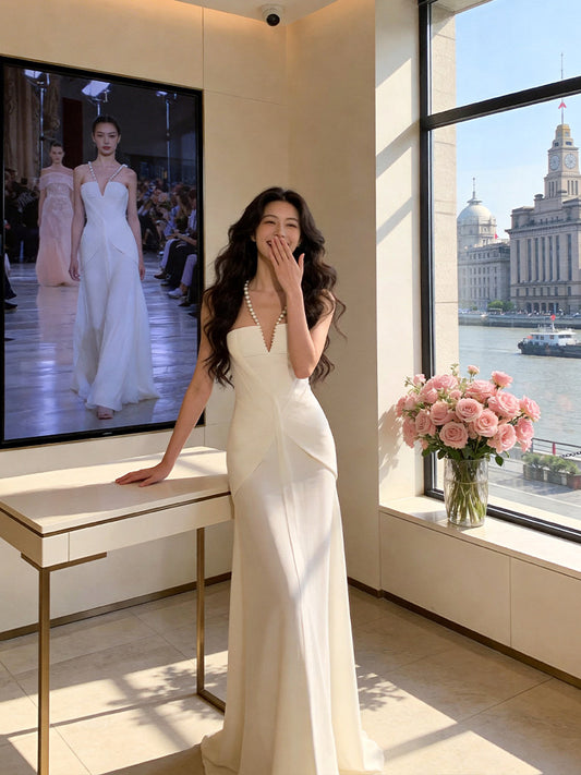 Eye-Catching Beaded Halter Neck Wedding Dress Satin A-Line Bridal Outfits AP7228