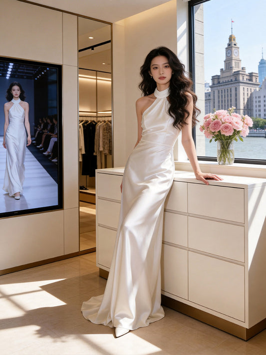 Fresh Halter Neck Wedding Dress Long Satin Sheath Bridal Outfits AP7229