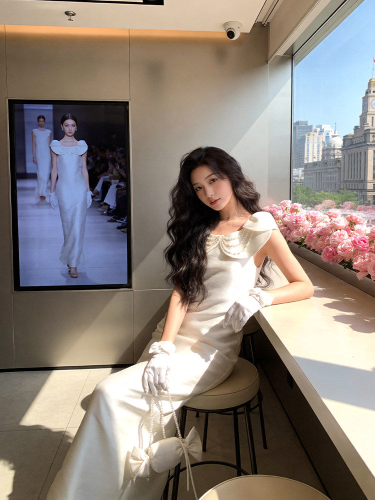 Victorian-Inspired Jewel Neck White Prom Dress Beads Satin Sheath Evening Dress AP7230