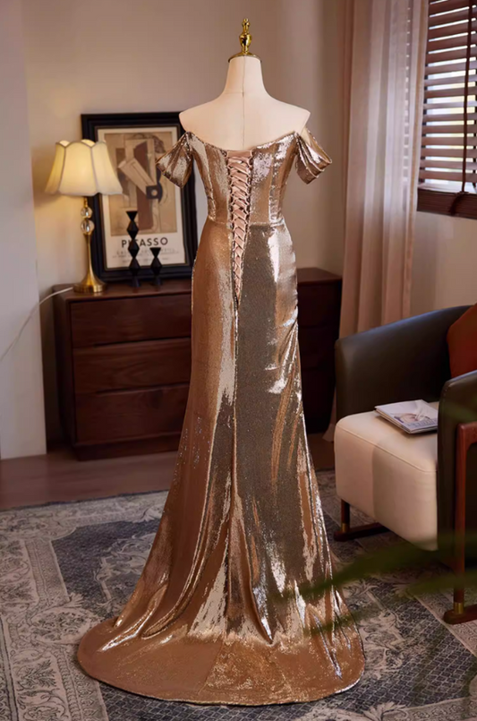 Lustrous Off-Shoulder Mermaid Draped Sweet 16th Dresses High-Slit Sequins Prom Dress AP5592