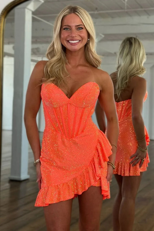 Eye-catching Sweetheart Bodycon Short Beaded Homecoming Dress with Ruffle AS015
