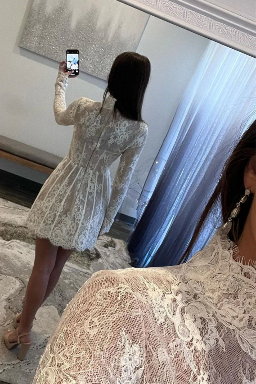 White Lace A-Line Homecoming Dress with High Neck and Long Sleeves AS069