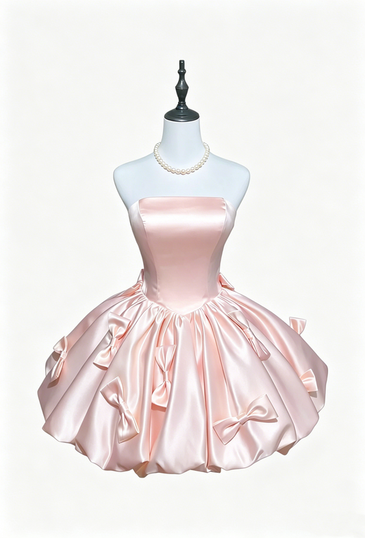 Chic Cream Satin Bow Strapless A Line Homecoming Dress AS070