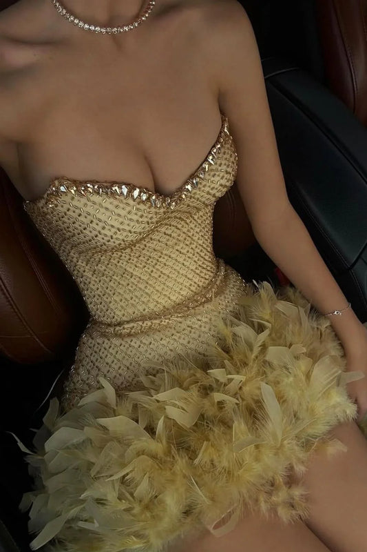 Luxurious Sparkly Beaded Top Short Tight Homecoming Dress with Feather AS078