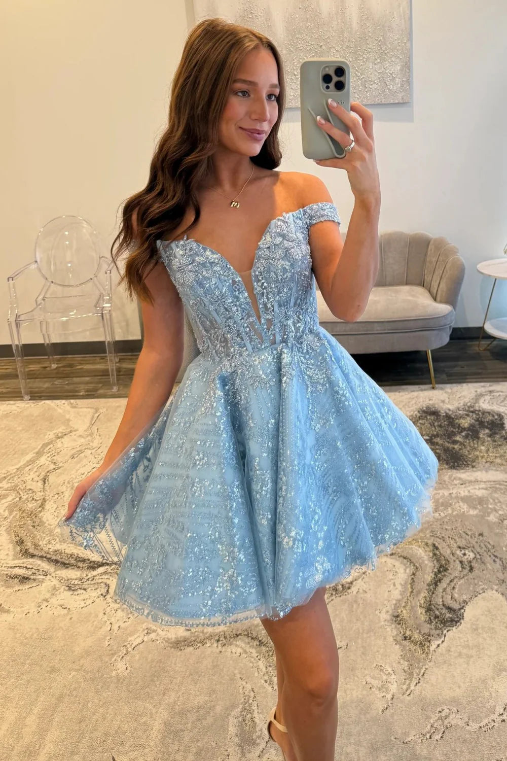 Elegant Light Blue Off Shoulder Lace Homecoming Dress with Glitter Tulle Skirt AS095