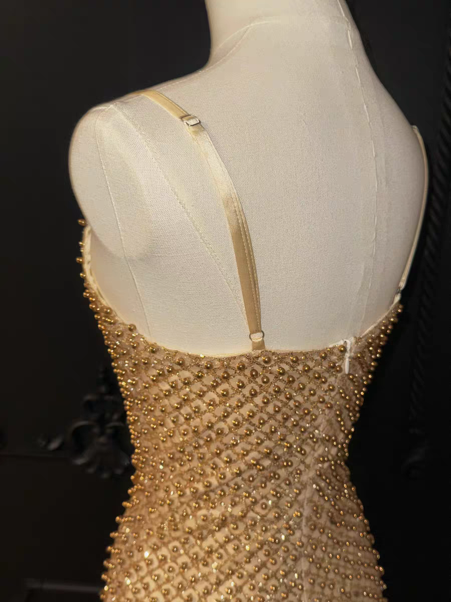 Opulent Champagne Gold Spaghetti Straps Beaded Sequin Bodycon Mini Homecoming Dress AS1002