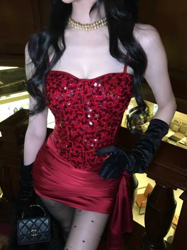 Vivid Red Spaghetti Straps Sweetheart Neck Beaded Corset Bodice Side Drape Ruched Satin Bodycon Short Homecoming Dress AS1012