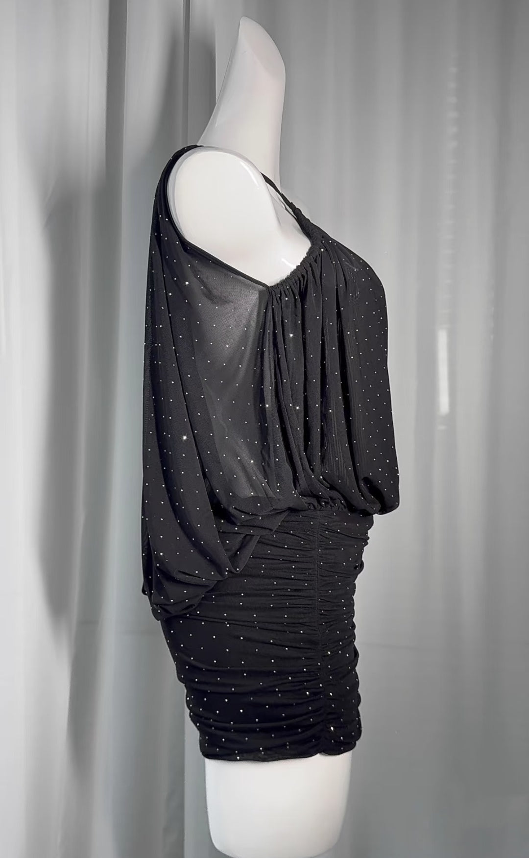 Glamorous Black Cross Tie Halter All Over Tiny Sparkle Rhinestone Sheer Overlay Hip Ruched Mesh Bodycon Mini Homecoming Dress AS1014