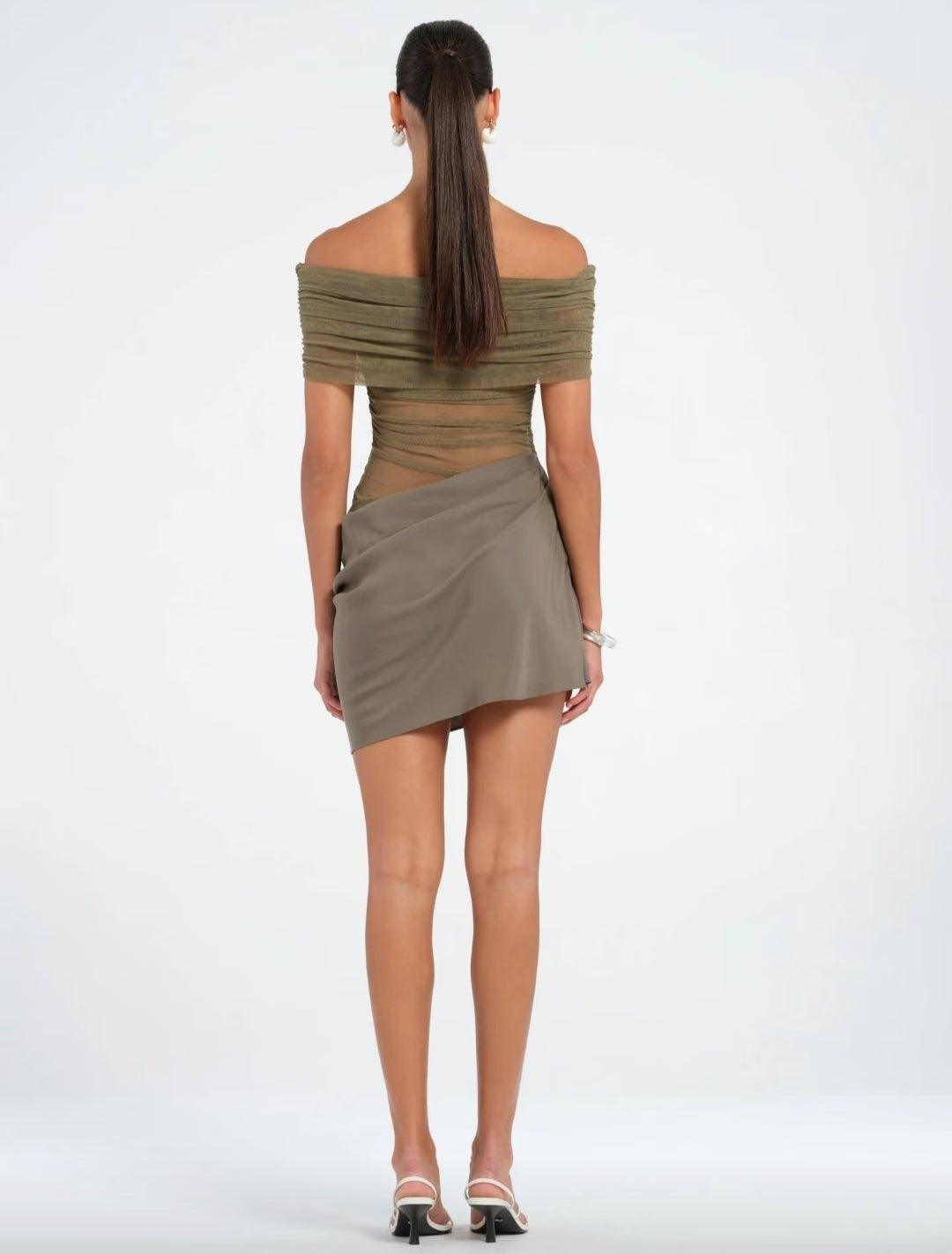 Sultry Yellow Off-The-Shoulder Sheer Mesh Ruched Mini Bodycon Homecoming Dress AS1029