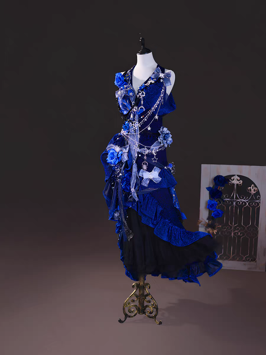Elaborate Royal Blue Halter V Neck Glitter Star Moon Charm Chain 3D Blue Rose Floral Asymmetric Ruffle Mermaid High-Low Hem Homecoming Dress AS1034