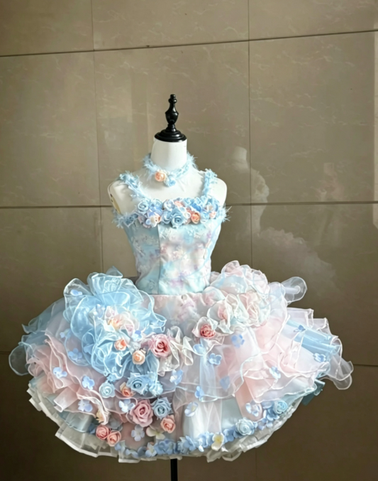 Dreamy Pink Blue Ombre Watercolor 3D Floral Appliqué Straps Multi-Tier Ruffle Tulle Short A Line Tea Party Homecoming Dress AS1037