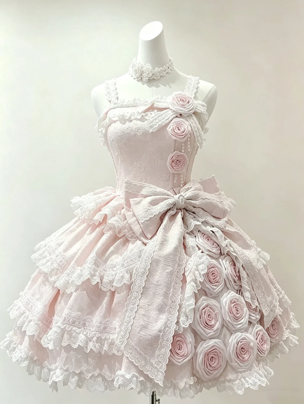 Romatic Light Pink Ruffle Lace Straps Handmade 3D Rose Floral Appliqué Oversized Waist Bow Multi-Layer Tiered Lace Ruffle A Line Short Homecoming Dress AS1038