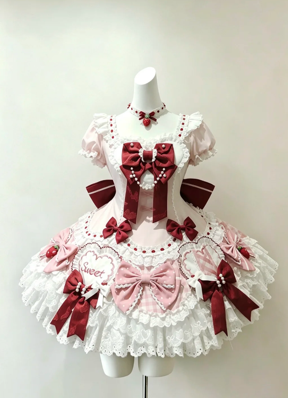 Chic Pink Red Color Block Puff Short Sleeve Square Neck Bow Pearl Lace A Line Short Homecoming Dress AS1038