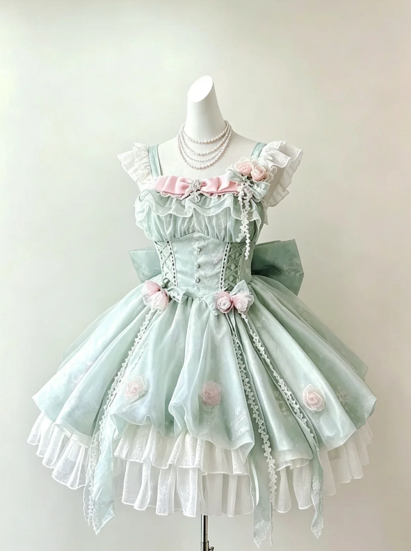 Fresh Mint Green Ruffle Straps Front Pink Satin Bow Handmade 3D Rose Multi-Tier Short Bubble Skirt Homecoming Dress With Big Back Bow AS1040