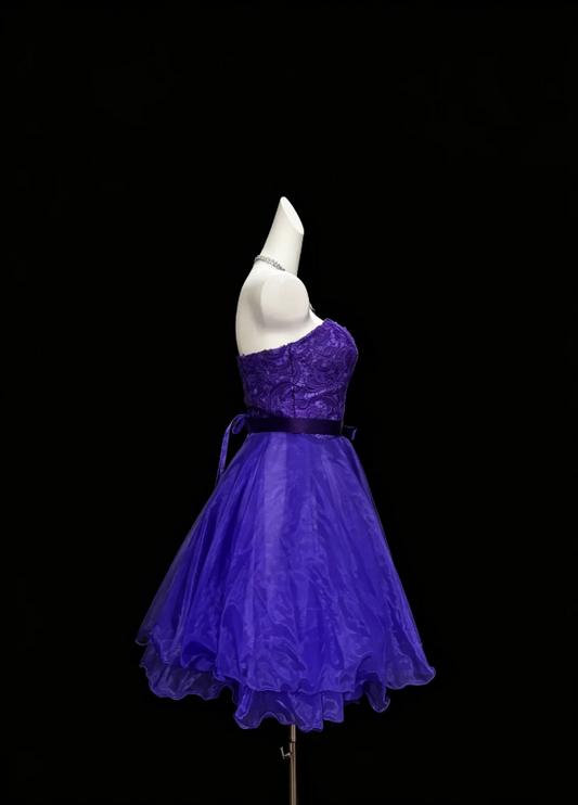 Rich Dark Purple Strapless Lace Bodice Satin Waist Tie Bow Multi-Tier Floating Organza Short A Line Homecoming Dress AS1046