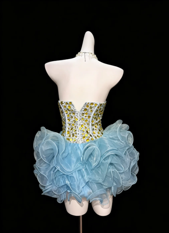Chic Blue Strapless Sweetheart Neck Rhinestone Corset Multi-Tier Edge Ruffle Organza Short Bubble Homecoming Dress AS1044