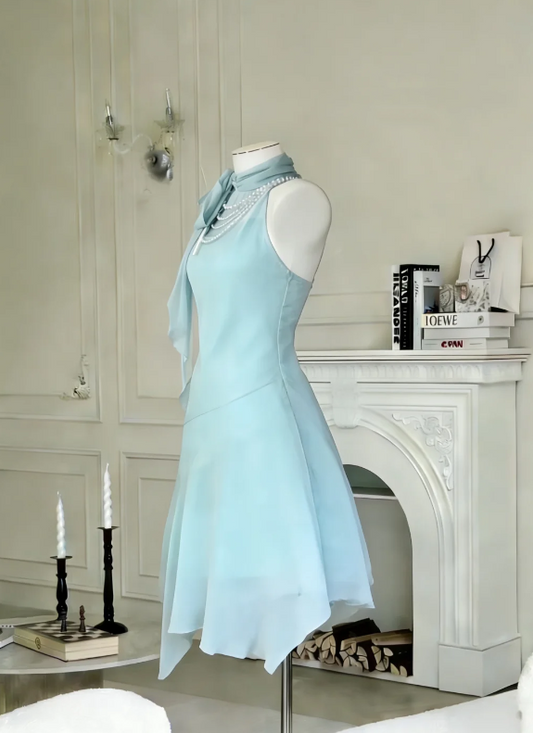 Misty Dewy Light Blue High Halter Neck A Line Chiffon Short Homecoming Dress AS1052