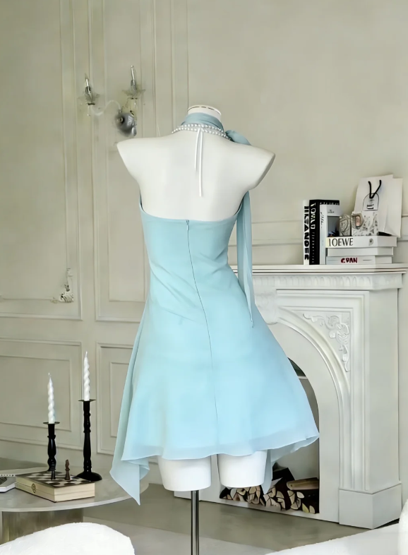 Misty Dewy Light Blue High Halter Neck A Line Chiffon Short Homecoming Dress AS1052