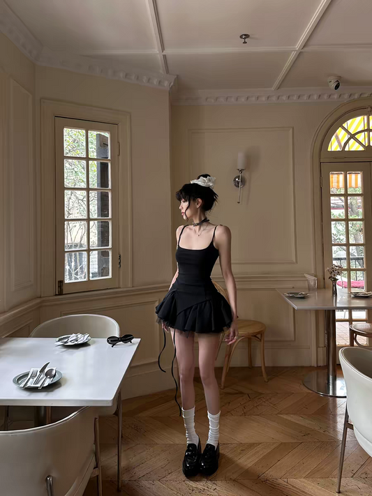 Sleek Black Spaghetti Strap Square Neck Multi-Layer Sheer Tulle Ruffle A Line Homecoming Dress AS1053