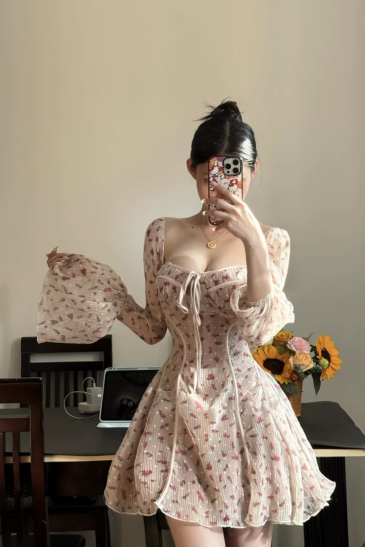Luxuriant Red Sheer Floral Lace Square Neck Long Sleeve Corset A Line Ruffle Short Homecoming Dress AS1057