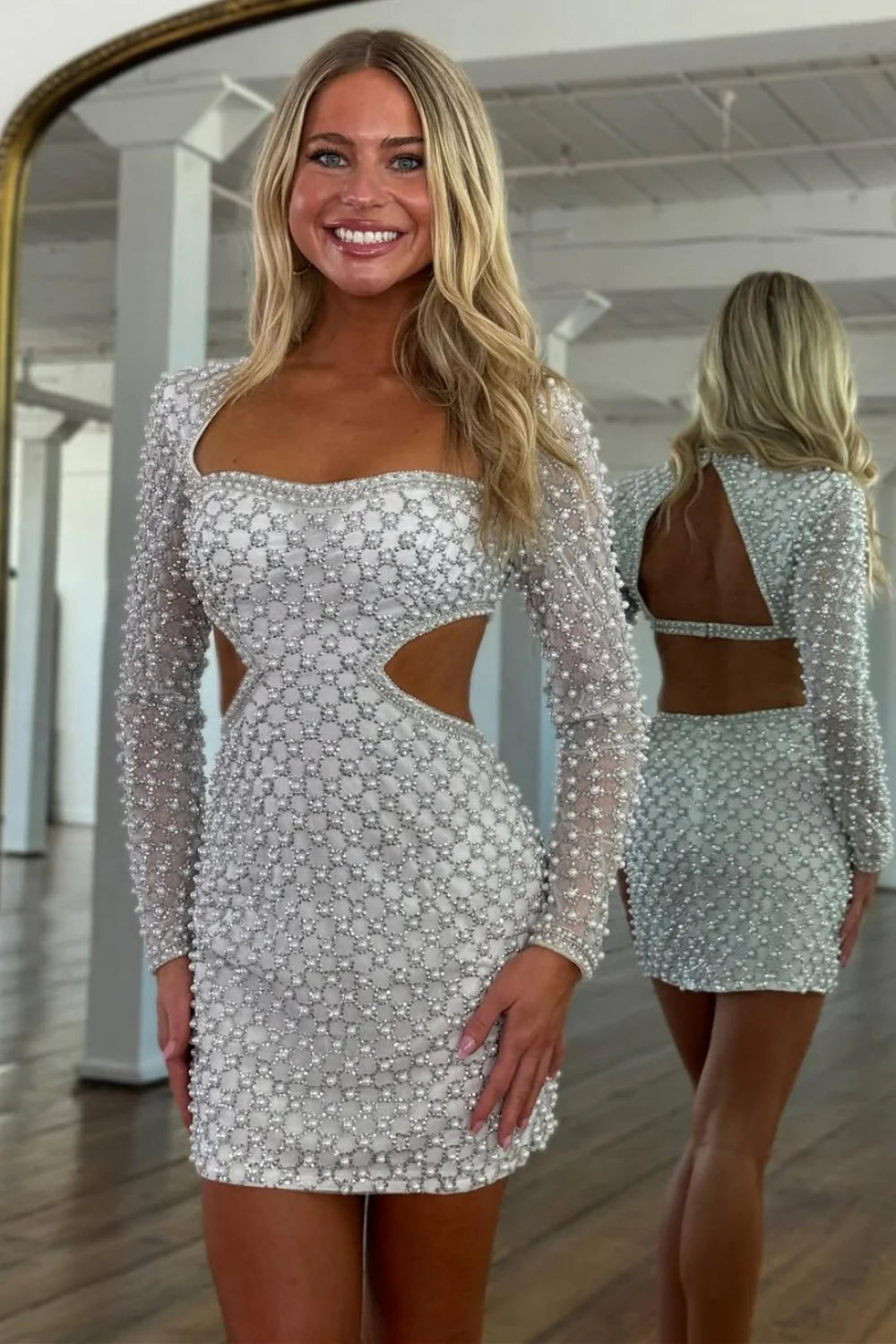 White Pearl Beaded Long Sleeve Cutout Back Mini Homecoming Dress AS106
