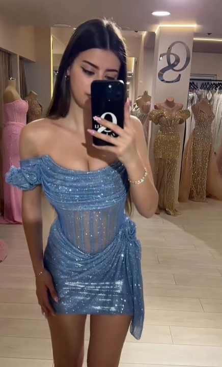 Hot Sale Glam Blue Off Shoulder Corset Draped Ruched Sparkle Glitter Mesh Bodycon Mini Homecoming Dress With 3D Flower AS1067