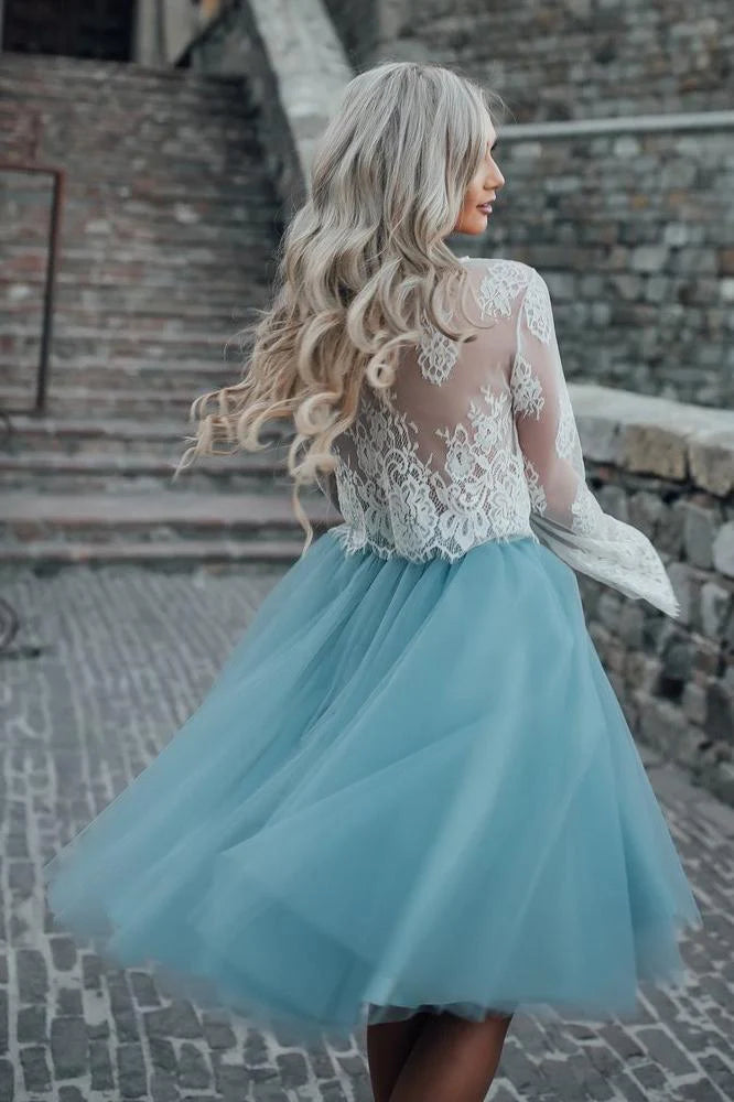 Hot Sale Fairy Two Piece White Lace Round Neck Long Sleeves A Line Blue Tulle Midi Homecoming Dress AS1078