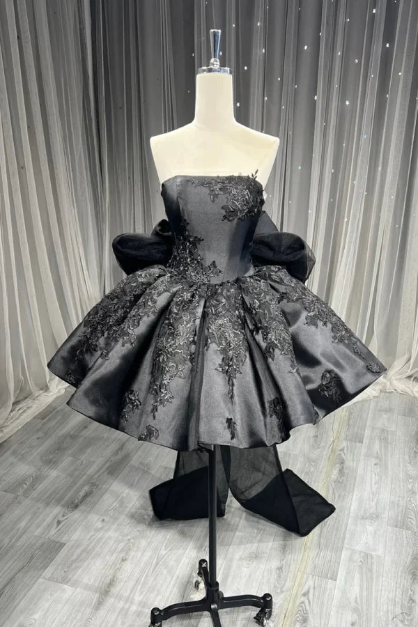 Luxury Black Strapless Floral Lace Applique Stain Short A Line Homecoming Dress With Giant Back Organza Bow AS1079