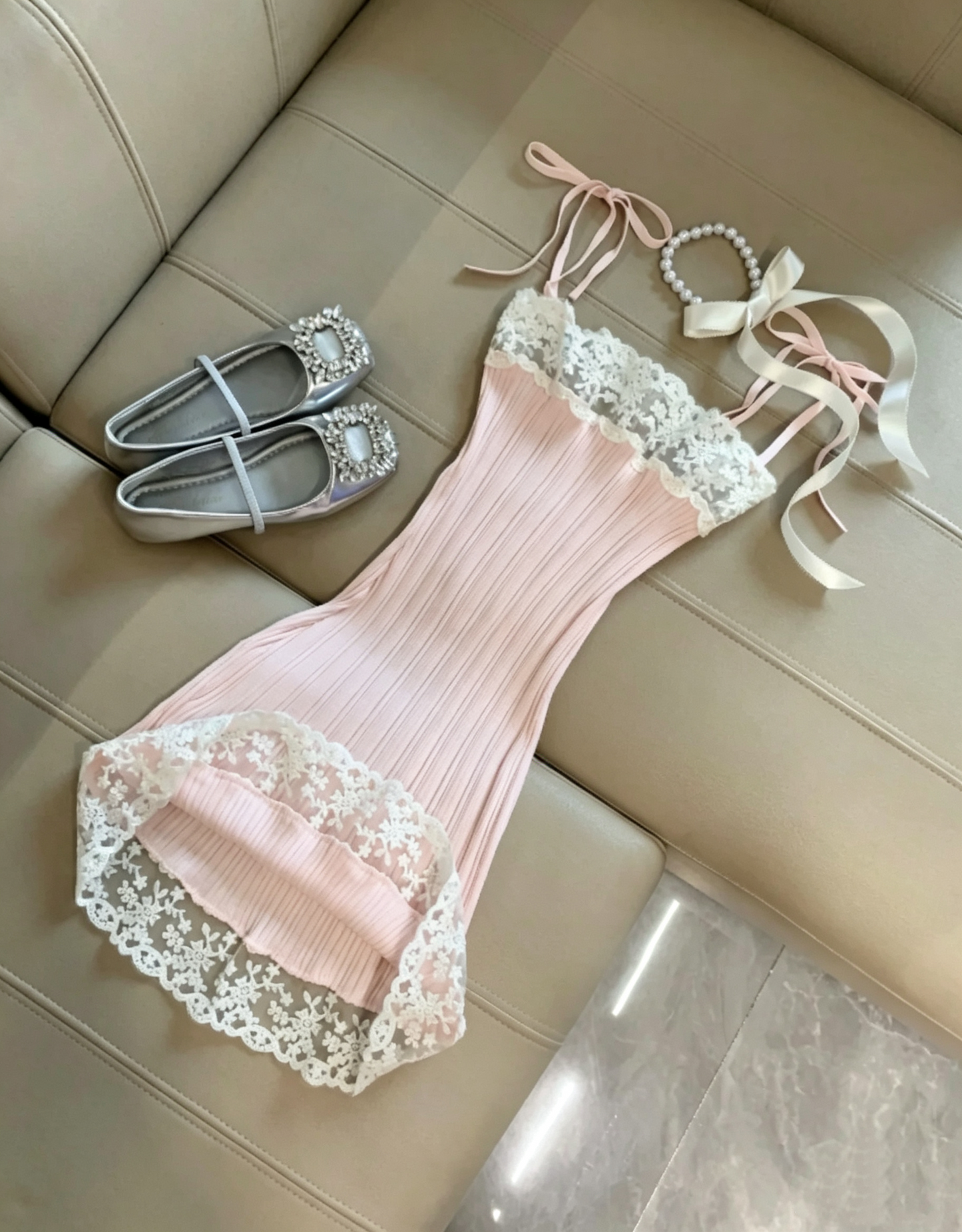 Soft Light Pink Self-Tie Spaghetti Strap Floral Lace Trim Vertical Ribbed Bodycon Mini Homecoming Dress AS1081