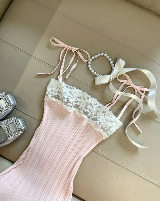 Soft Light Pink Self-Tie Spaghetti Strap Floral Lace Trim Vertical Ribbed Bodycon Mini Homecoming Dress AS1081