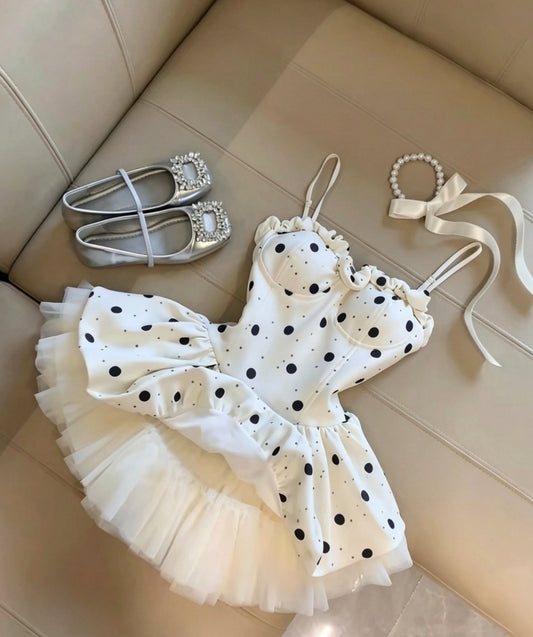 Vintage White Spaghetti Strap Ruffle Sweetheart Neck Black Polka Dot Tulle Underlayer A Line Bubble Short Homecoming Dress AS1088