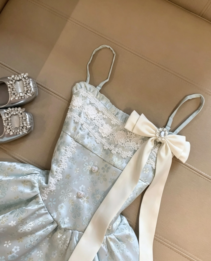 Romantic Mint Green Spaghetti Strap Lace Trim Bodice Bow Accent Floral Jacquard Stain Tulle Underskirt A Line Short Homecoming Dress AS1093