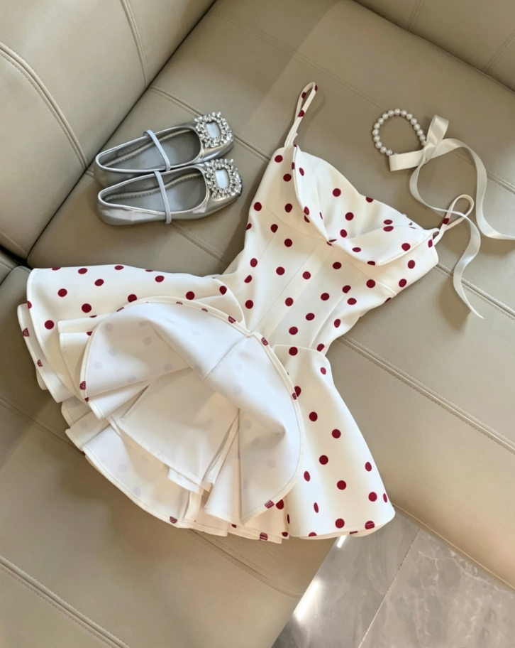 Vintage White Spaghetti Strap Red Polka Dot A Line Short Homecoming Dress AS1095