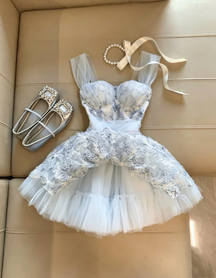 Dreamy Blue Sheer Tulle Straps 3D Floral Applique Voluminous Tulle Skirt A Line Short Homecoming Dress AS1099