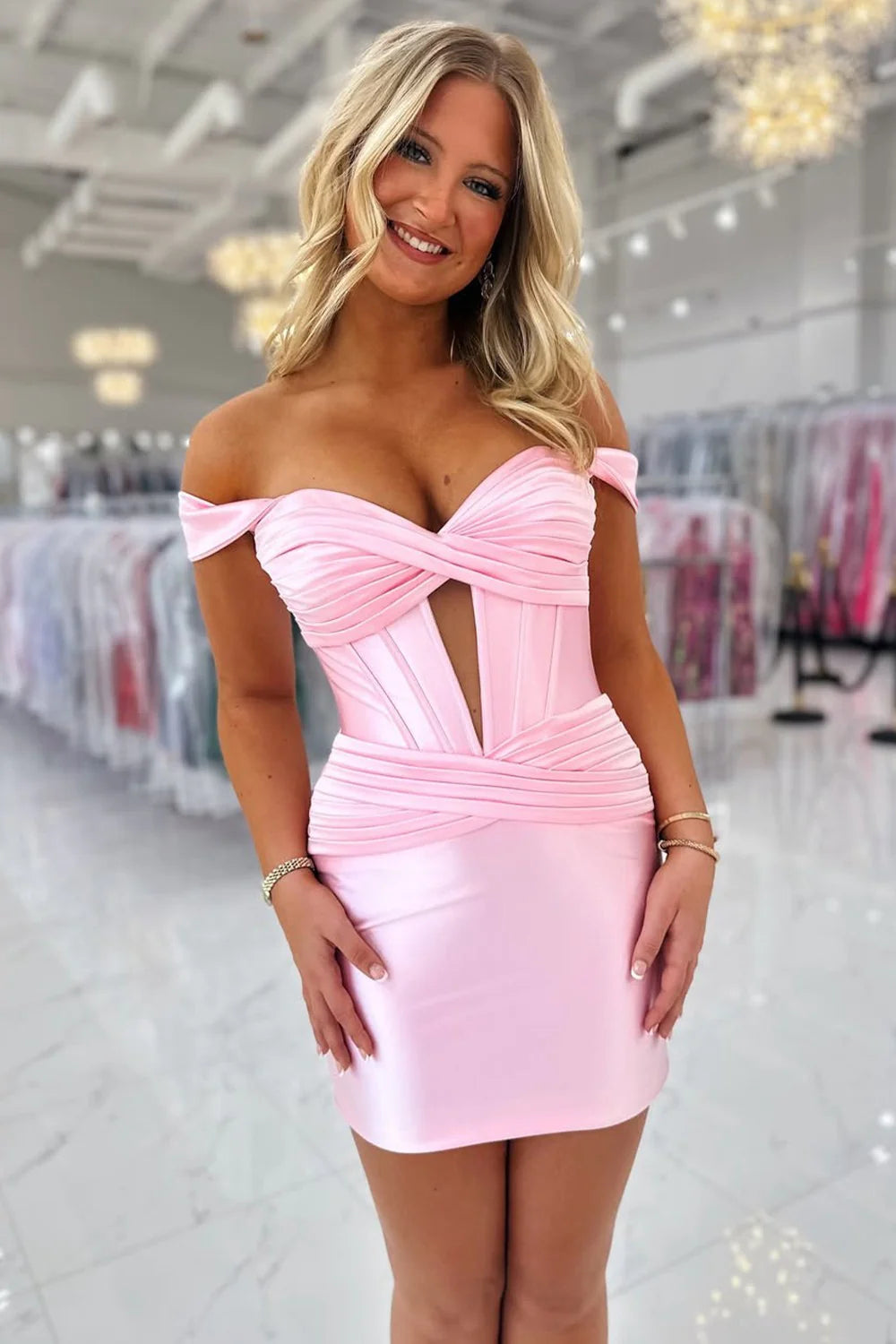 Chic Satin Off-The-Shoulder Corset Homecoming Dress With Front Cutout AS110